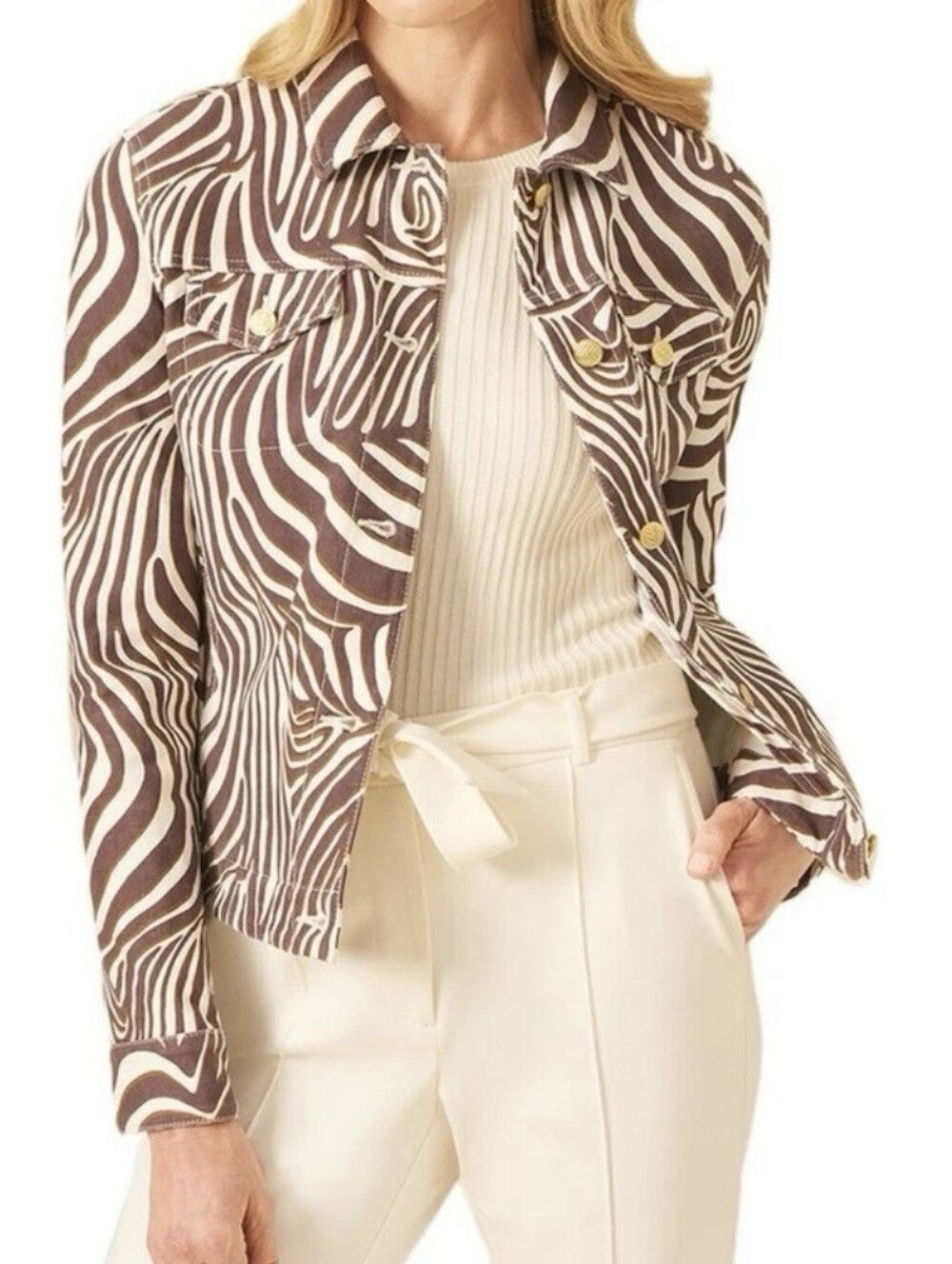 J McLaughlin Brown Cream Zebra Print Lightweight Short Denim Jacket Women's S